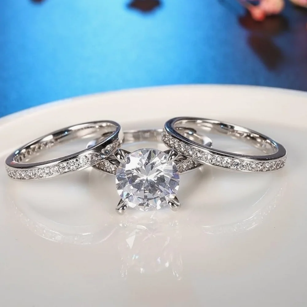 3.7ct Large Round AAA CZ 3pc Gold Plated/Rhodium Engagement Wedding Ring Set - Picture 5 of 6